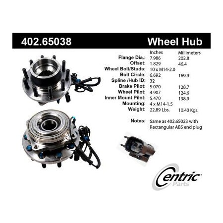 Centric Premium Hub and Bearing Assembly; With Integral ABS, Parts 402.65038